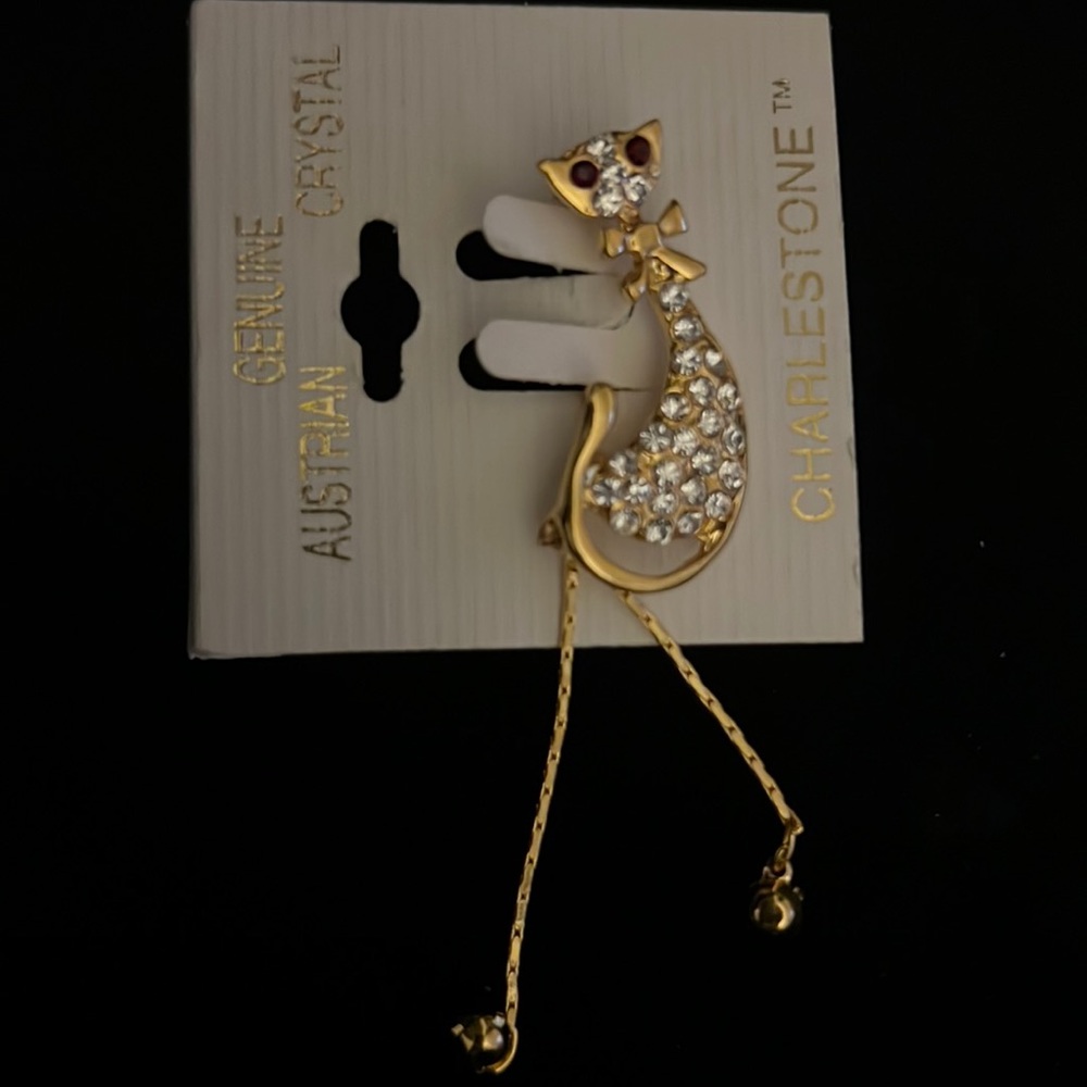 genuine cat Austrian crystal cat brooch/pin